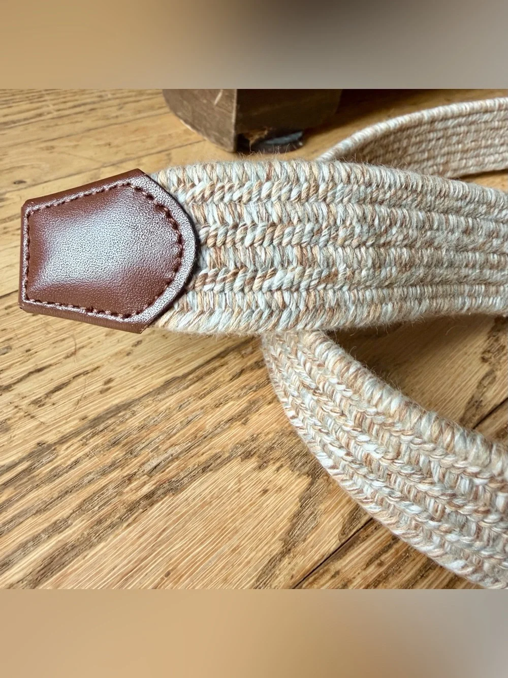 Roundtree & Yorke Men’s Woven Stretch Belt Beige Brown Leather Size 44